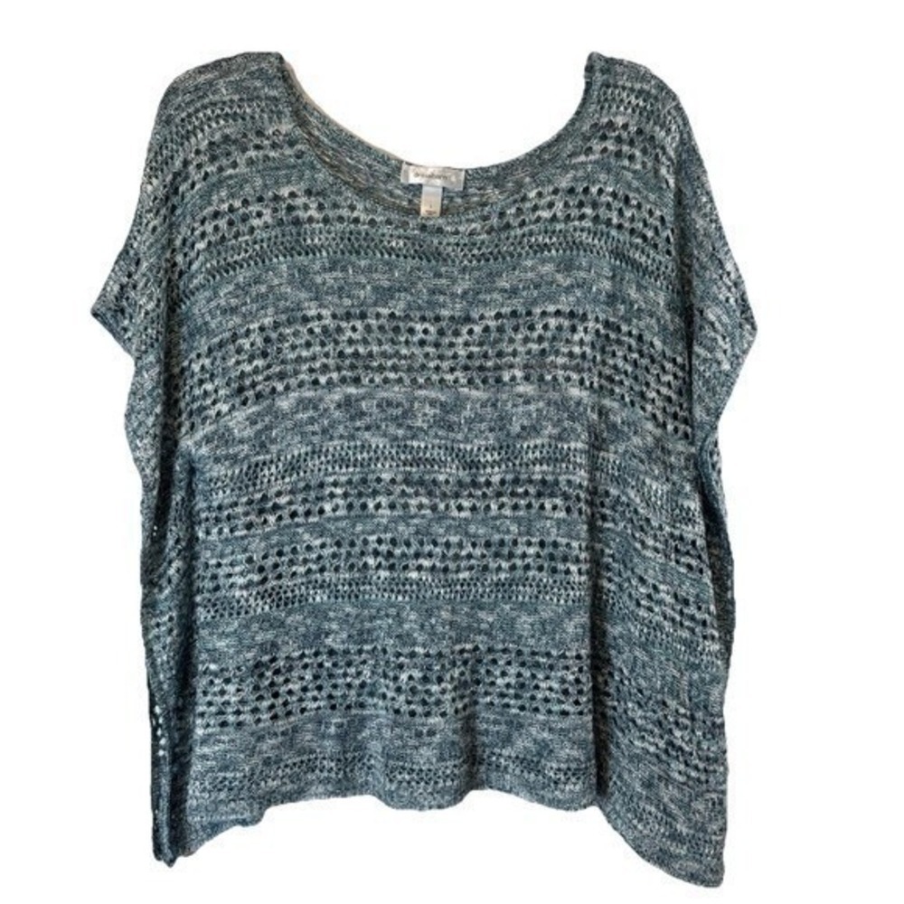 Dressbarn Sweater Womens L Poncho‎ Blue Open Knit Scoop Neck Short Sleeve